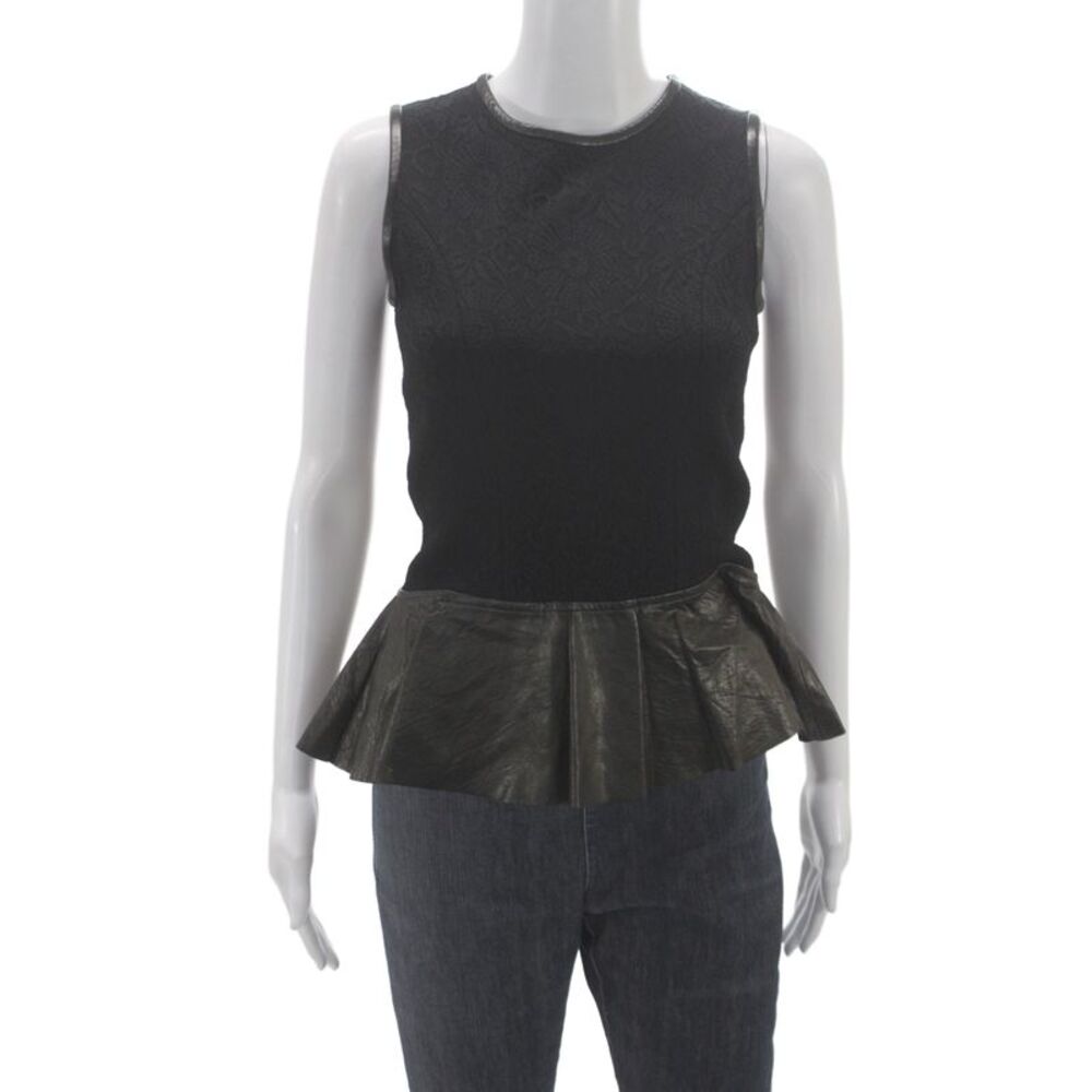 Paula Hian Women Leather Sleeveless Tank Black Round Neck Zip Size S